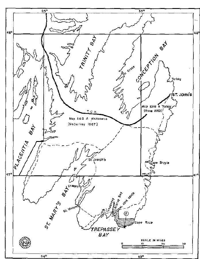 Map of the Avalon Peninsula of Newfoundland showing the fossil locality Dotted part of the peninsula was mapped by S.B.Misra during the summer of 1967.